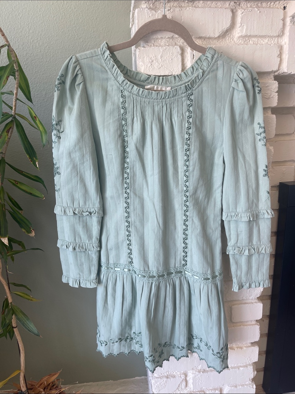 LoveShackFancy Sage Embroidered Cottagecore Romantic Ruffle Mini Dress Size 0